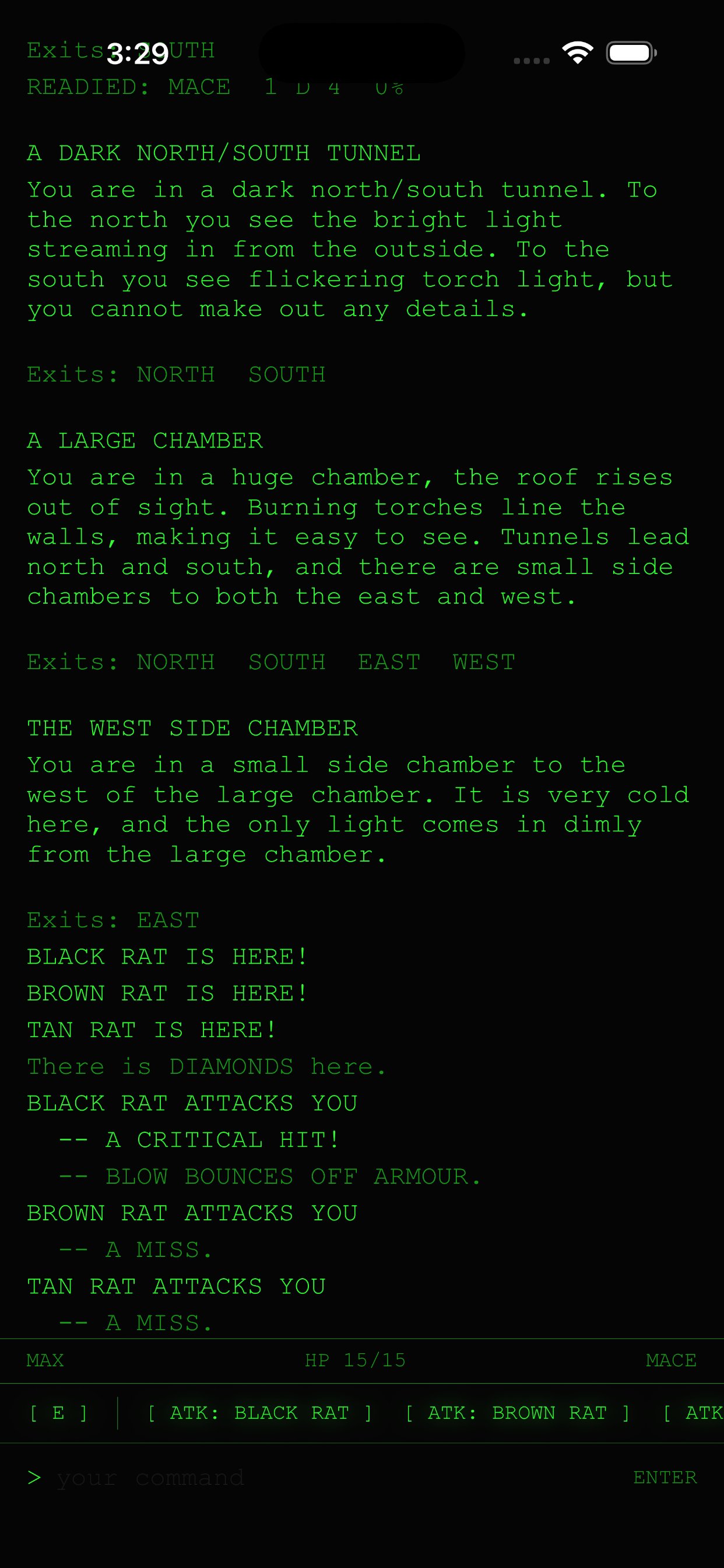 In Beginner's Cave — three rats attacking the adventurer in the west side chamber